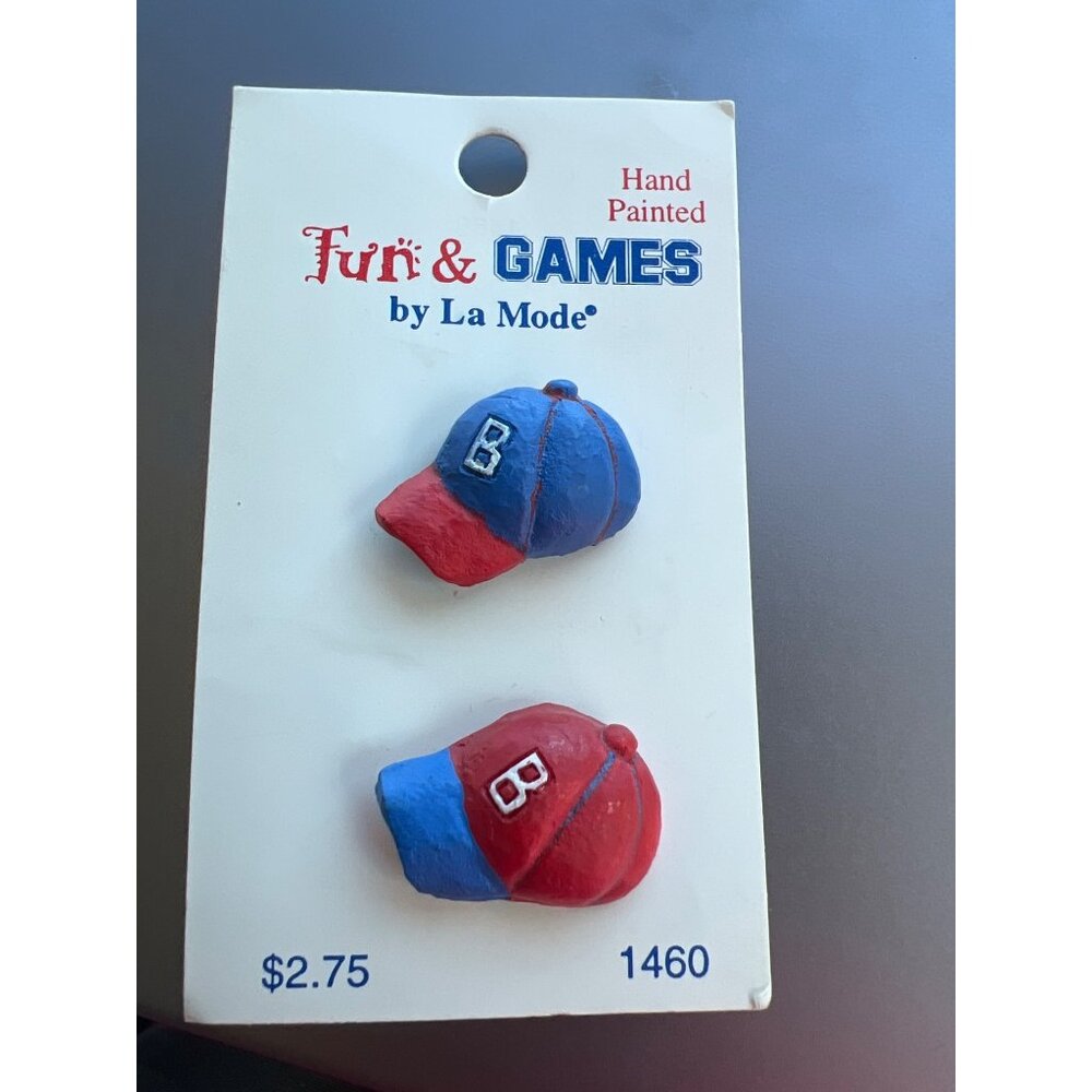 Fun Games La Mode Hand Painted Baseball Cap Buttons 1460 Set of 2 New on Card
